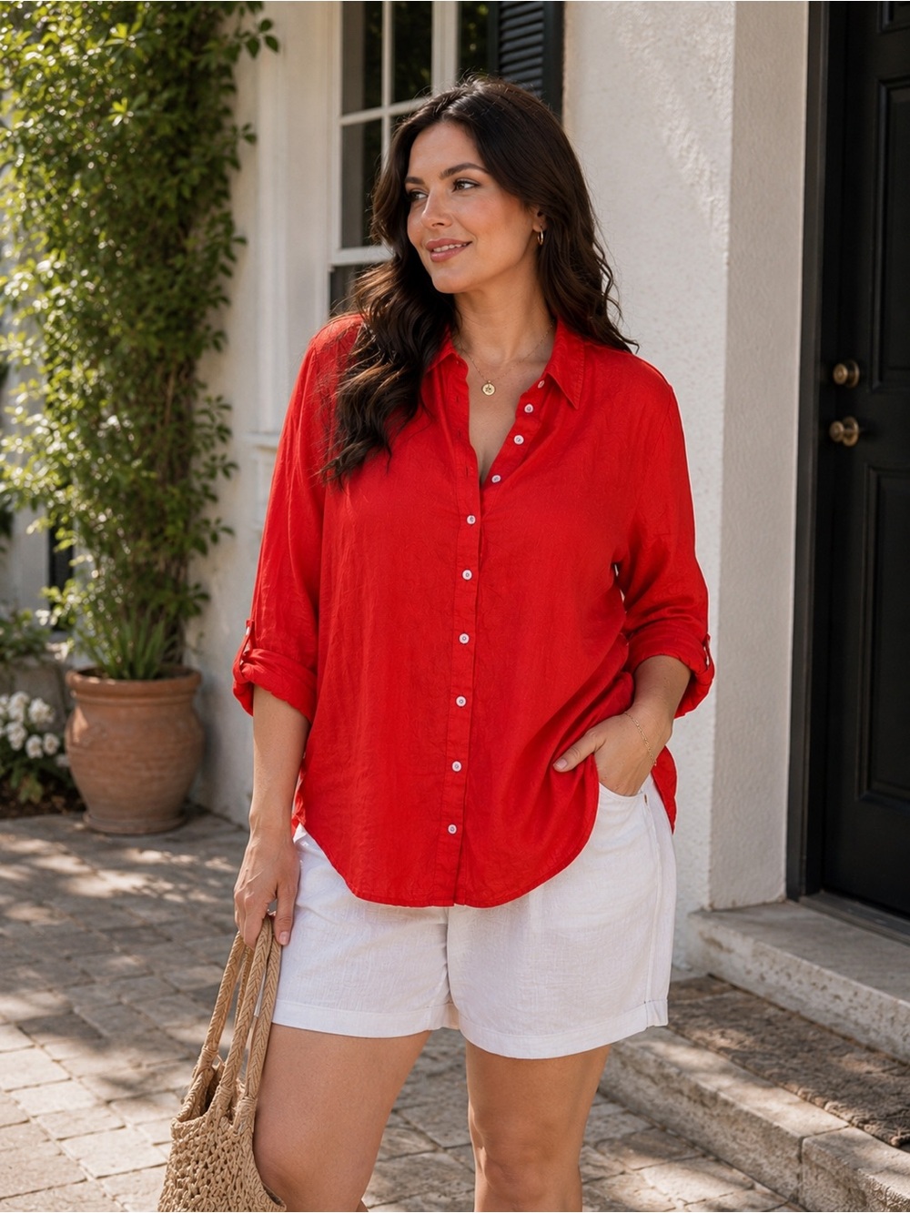 Sigrid Olsen 100% Linen Red Button Up Shirt Coastal Grandma 1X Lagenlook Resort